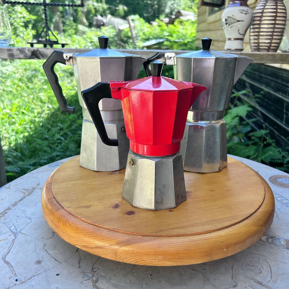 Vintage Moka Express Espresso Maker Red Silver Stovetop Coffee Pot Lot Bialetti